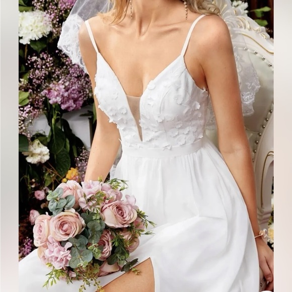 BELLE-APPLIQUÉS LEAF EMBROIDERY MESH INSERT SPLIT THIGH CHIFFON WEDDING DRESS XL - Picture 6 of 8